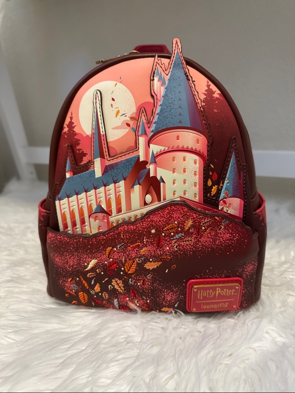 Loungefly Burgundy Red Hogwarts Castle Mini Backpack with Blue Accents